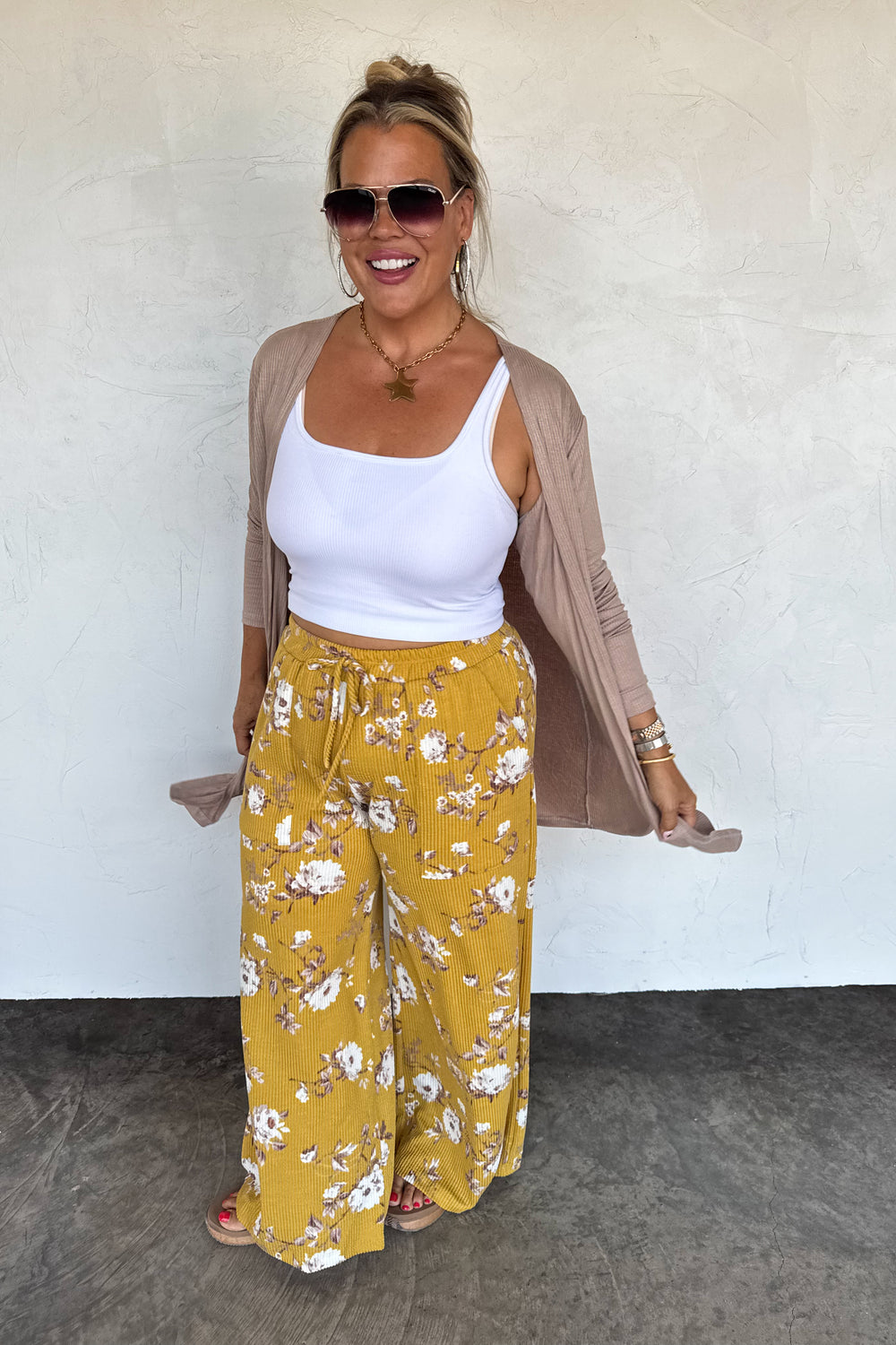 Haddie Wide Leg Floral Pant- Mustard