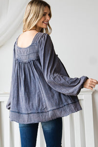 Mineral Washed Square Neck Blouse- Denim