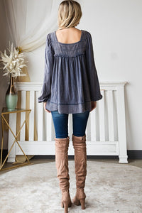 Mineral Washed Square Neck Blouse- Denim