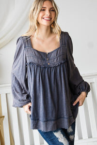 Mineral Washed Square Neck Blouse- Denim