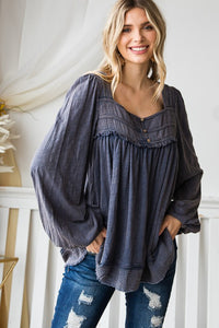 Mineral Washed Square Neck Blouse- Denim