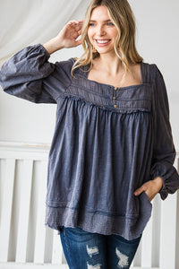 Mineral Washed Square Neck Blouse- Denim