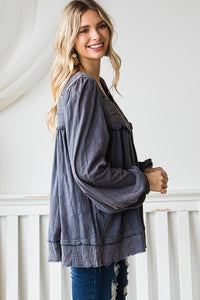 Mineral Washed Square Neck Blouse- Denim