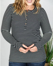 Load image into Gallery viewer, Harper Henley Top- Black w/ White Stripes