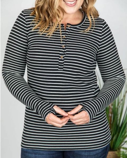 Harper Henley Top- Black w/ White Stripes