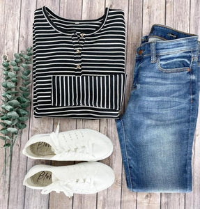 Harper Henley Top- Black w/ White Stripes