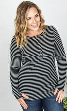 Load image into Gallery viewer, Harper Henley Top- Black w/ White Stripes