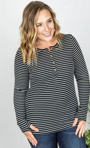 Harper Henley Top- Black w/ White Stripes