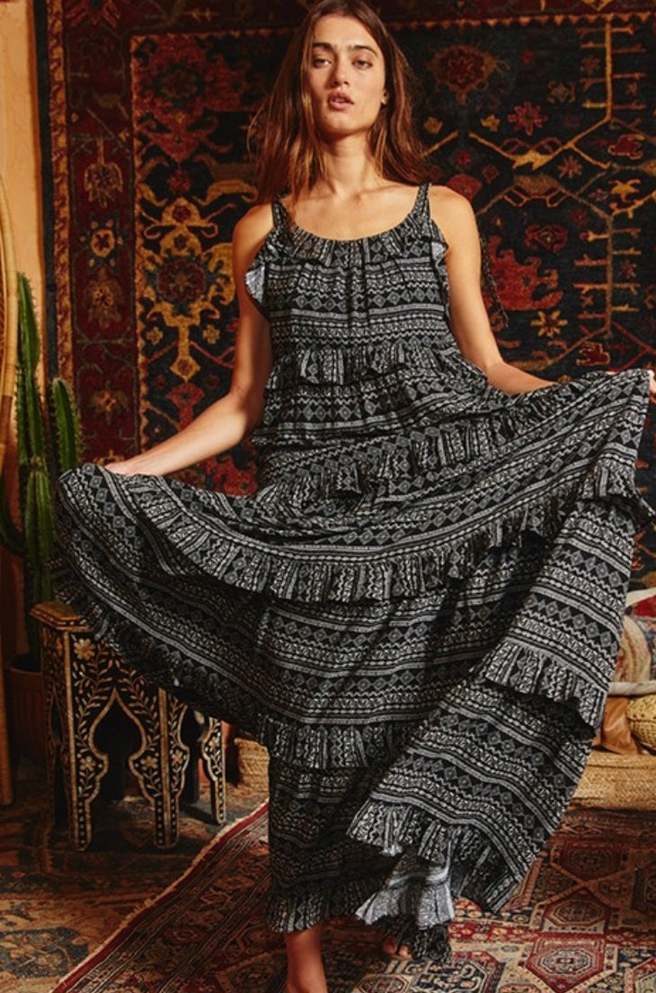 Tiered Aztec Print Dress- Black